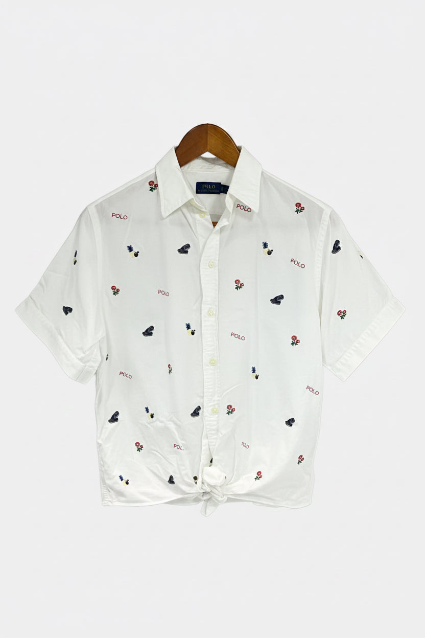 Camisa de mujer Polo Ralph Lauren 🏇🏼 color blanco con diseño de logos hawaianos bordados Talla XS Entalle Regular