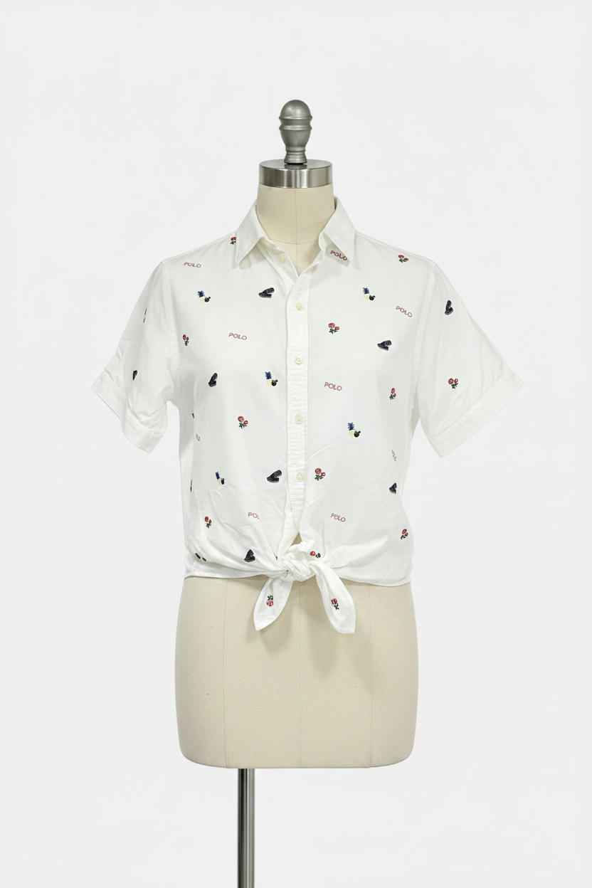 Camisa de mujer Polo Ralph Lauren 🏇🏼 color blanco con diseño de logos hawaianos bordados Talla XS Entalle Regular