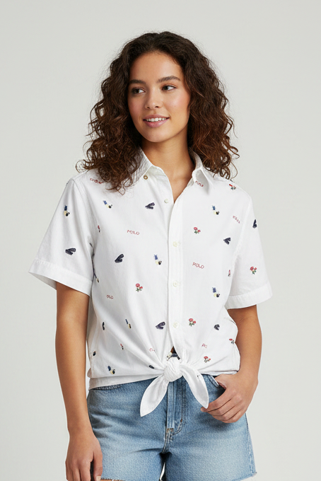 Camisa de mujer Polo Ralph Lauren 🏇🏼 color blanco con diseño de logos hawaianos bordados Talla XS Entalle Regular
