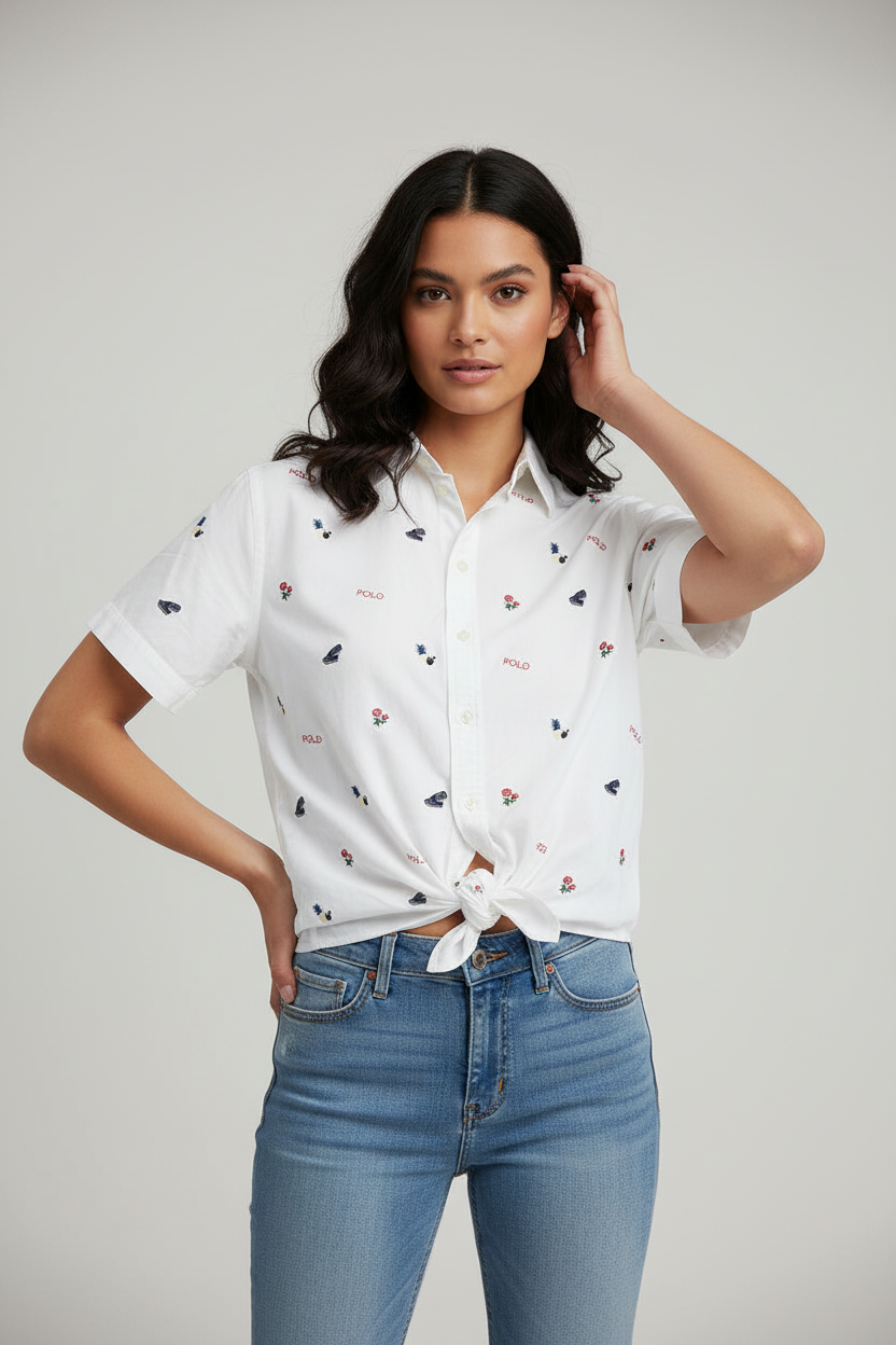 Camisa de mujer Polo Ralph Lauren 🏇🏼 color blanco con diseño de logos hawaianos bordados Talla XS Entalle Regular