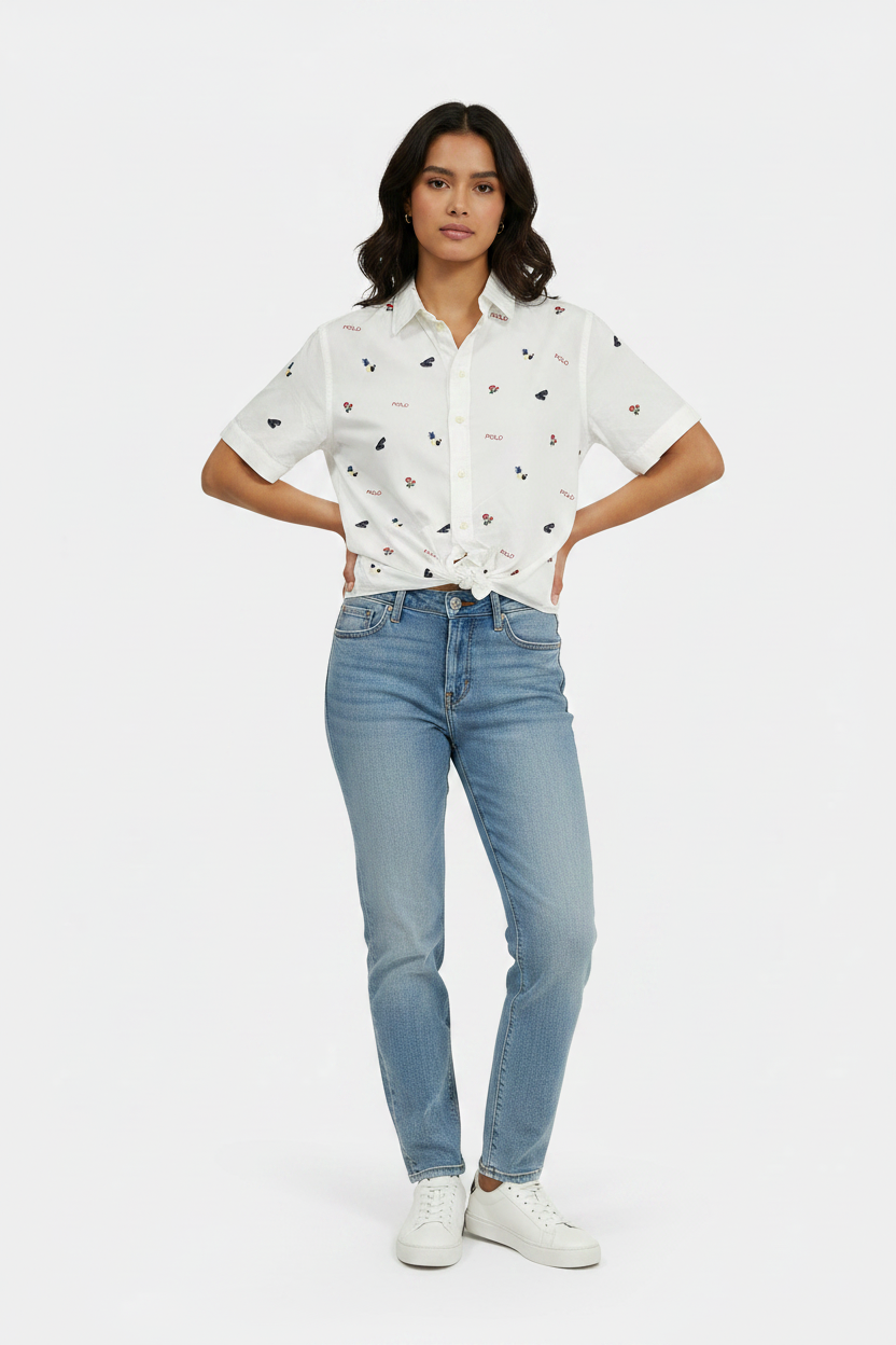 Camisa de mujer Polo Ralph Lauren 🏇🏼 color blanco con diseño de logos hawaianos bordados Talla XS Entalle Regular