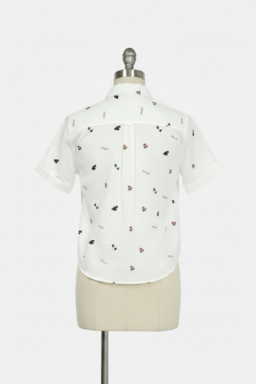 Camisa de mujer Polo Ralph Lauren 🏇🏼 color blanco con diseño de logos hawaianos bordados Talla XS Entalle Regular