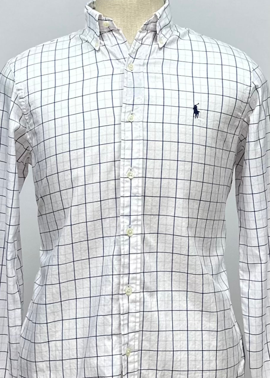 Camisa Polo Ralph Lauren 🏇🏼 color blanco con patron de cuadros en color azul y rosado Talla S Entalle Regular