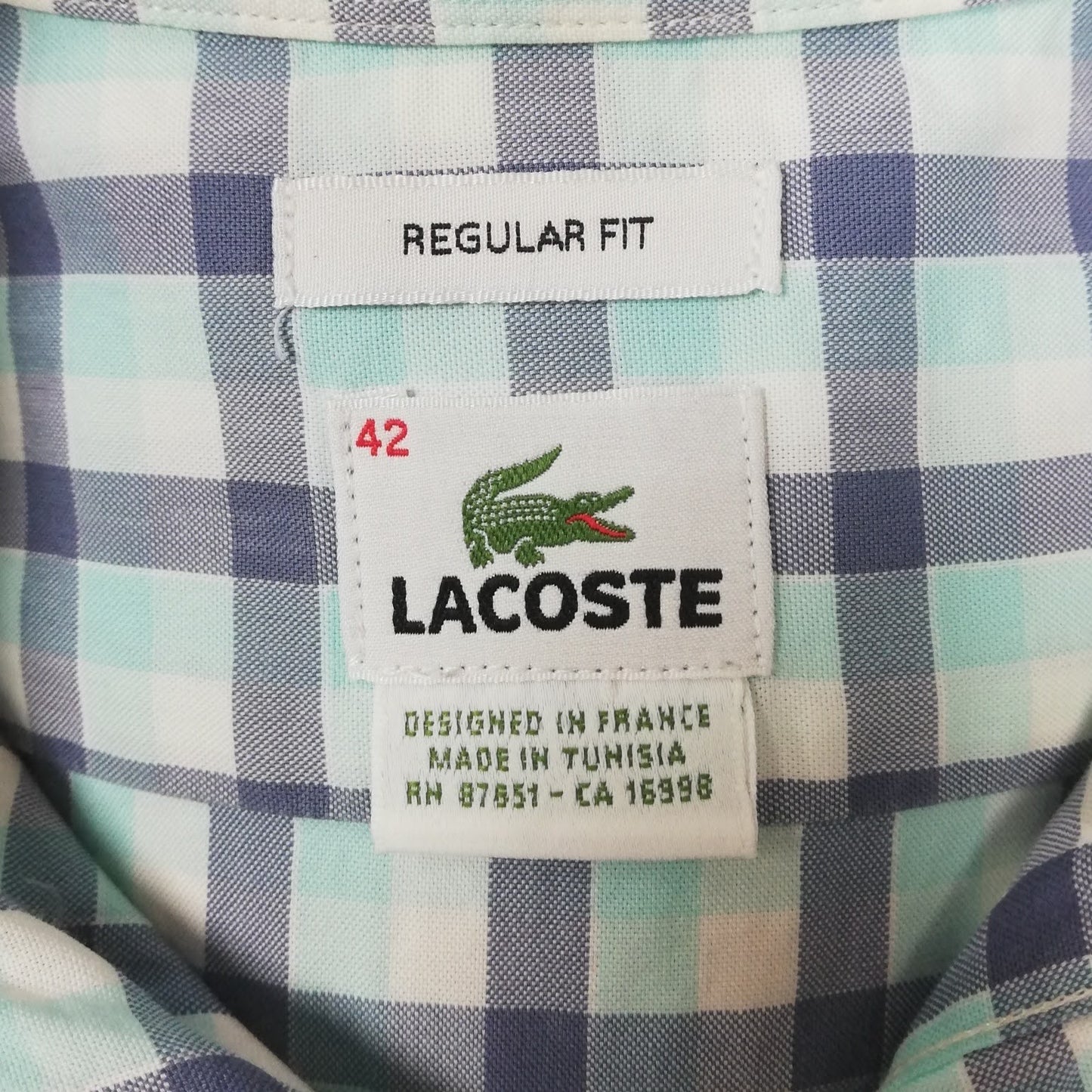 Camisa de botones Lacoste 🐊 con patron de cuadros en azul, turquesa y blanco Talla L Entalle Regular (ver descripción)