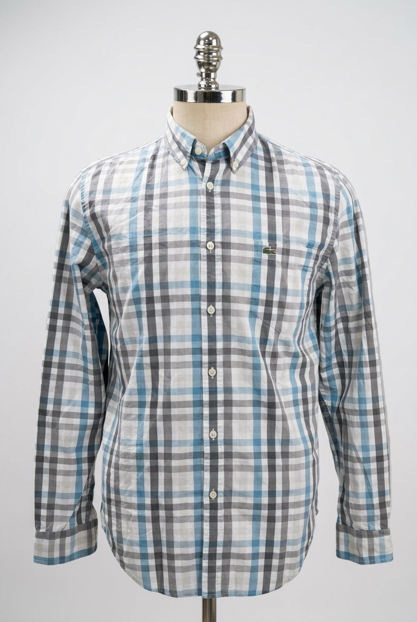 Camisa de botones Lacoste 🐊 color blanco de cuadros en color verde azul y gris Talla M Entalle Regular