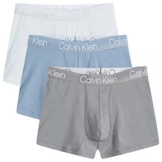 Paquete de 3 Calzoncillos tipo Boxer Calvin Klein Cotton Stretch en color celeste, crema y gris - Tela ligera en Talla XL