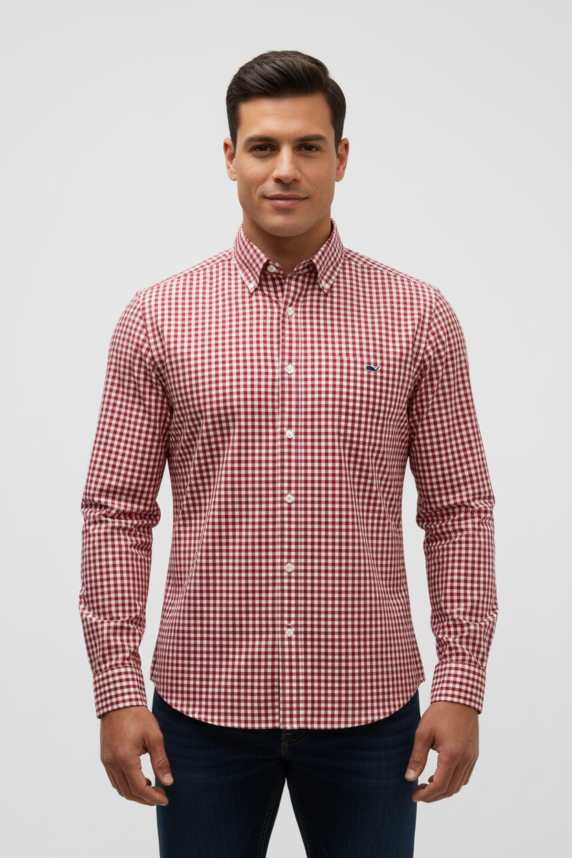 Camisa de botones Vineyard Vines 🐳 de cuadros gingham en color rojo y blanco Talla M Entalle Clásico