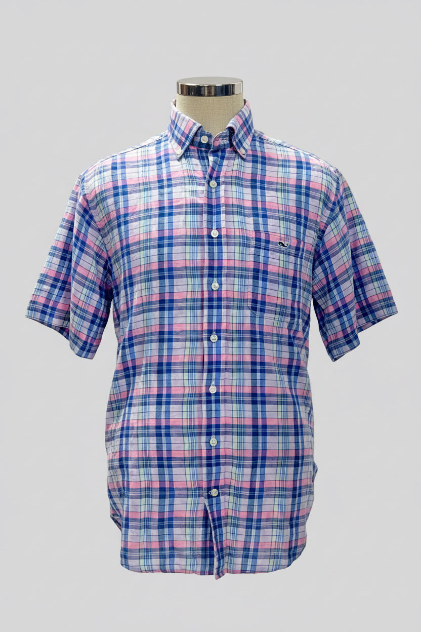 Camisa de cuadros Vineyard Vines 🐳 de lino con cuadros en color celeste, azul y rosado Talla M Entalle Regular