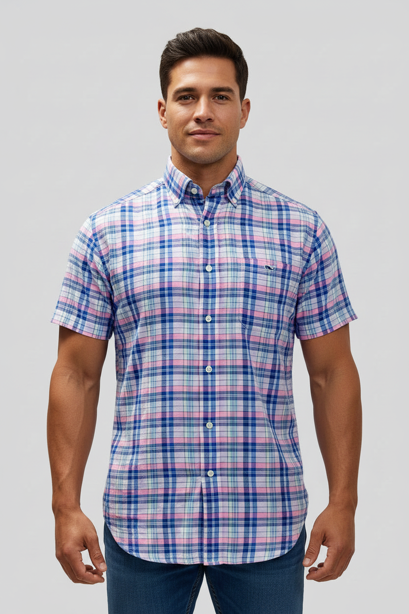 Camisa de cuadros Vineyard Vines 🐳 de lino con cuadros en color celeste, azul y rosado Talla M Entalle Regular
