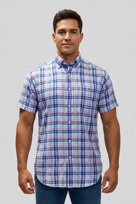 Camisa de cuadros Vineyard Vines 🐳 de lino con cuadros en color celeste, azul y rosado Talla M Entalle Regular