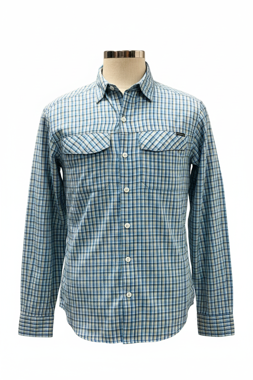 Camisa Columbia 🔹 Con patrón de cuadros en color azul, kaki y blanco Talla S