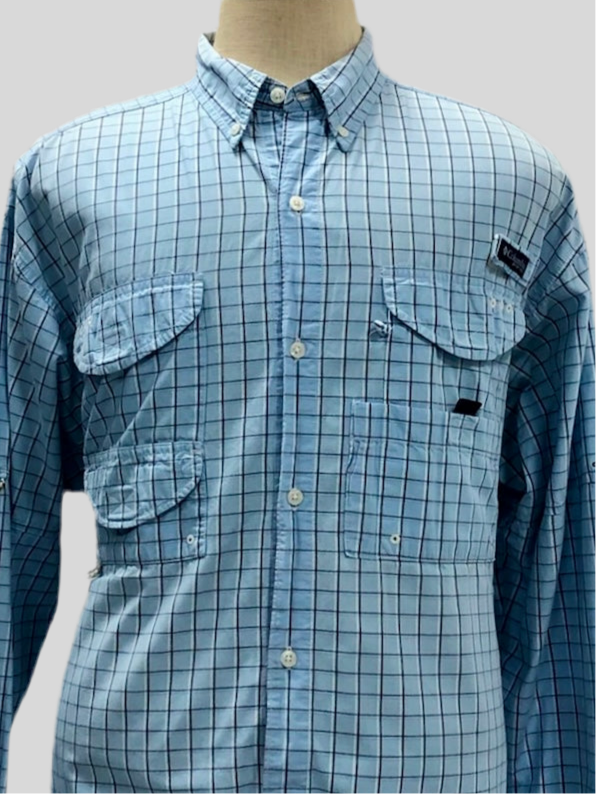 Camisa Columbia 🔹 Modelo Super Bonehead con patrón de cuadros en celeste, negro y blanco Manga larga Talla XL