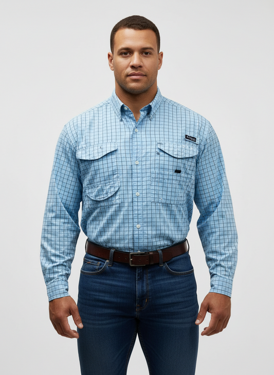 Camisa Columbia 🔹 Modelo Super Bonehead con patrón de cuadros en celeste, negro y blanco Manga larga Talla XL