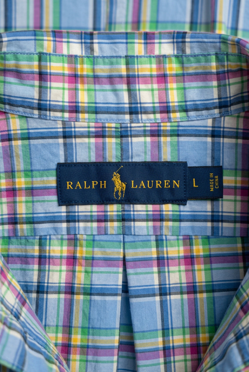 Camisa Polo Ralph Lauren 🏇🏼 color Celeste de cuadros en rosado y verde Talla L Entalle Regular