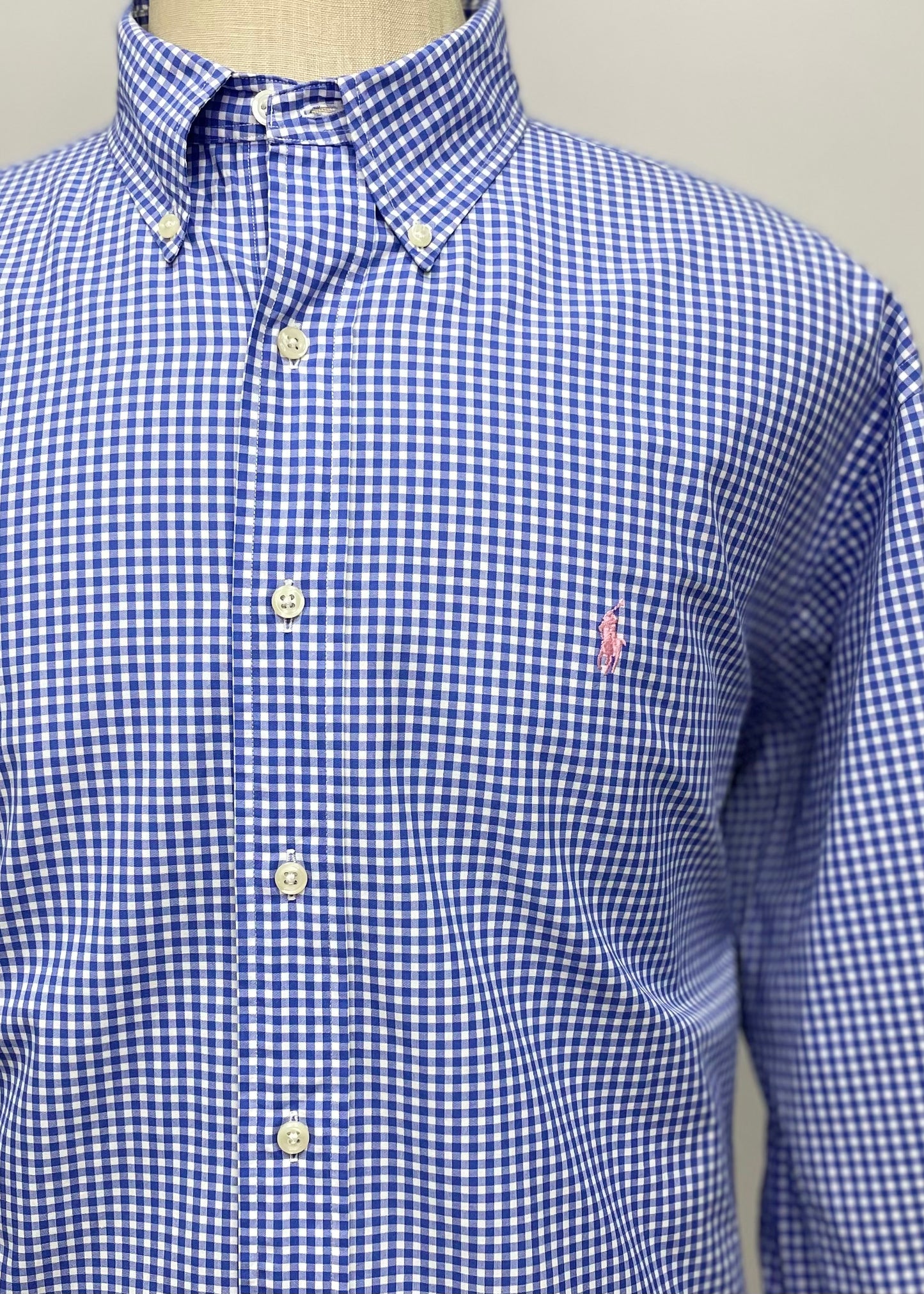 Camisa Polo Ralph Lauren 🏇🏼 con patrón de cuadros gingham celeste y blanco Talla XL Entalle Clásico