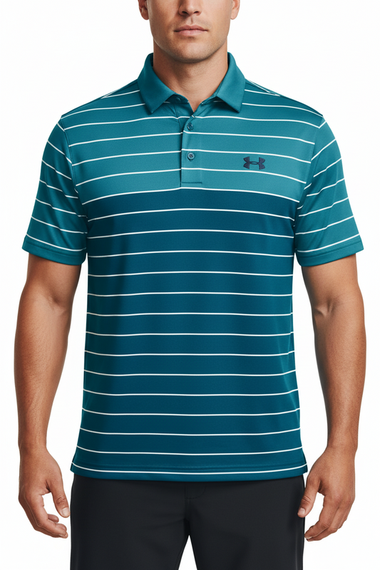 Camiseta polo Under Armour 🏋🏻 de rayas en verde esmeralda y azul navy Tela Performance Talla M Entalle Regular