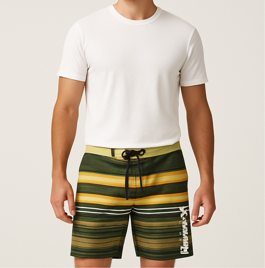 Traje de baño Hurley 🏄🏽‍♂️ con patrón de rayas en color verde y amarillo con logo en color blanco Talla Medium (32)