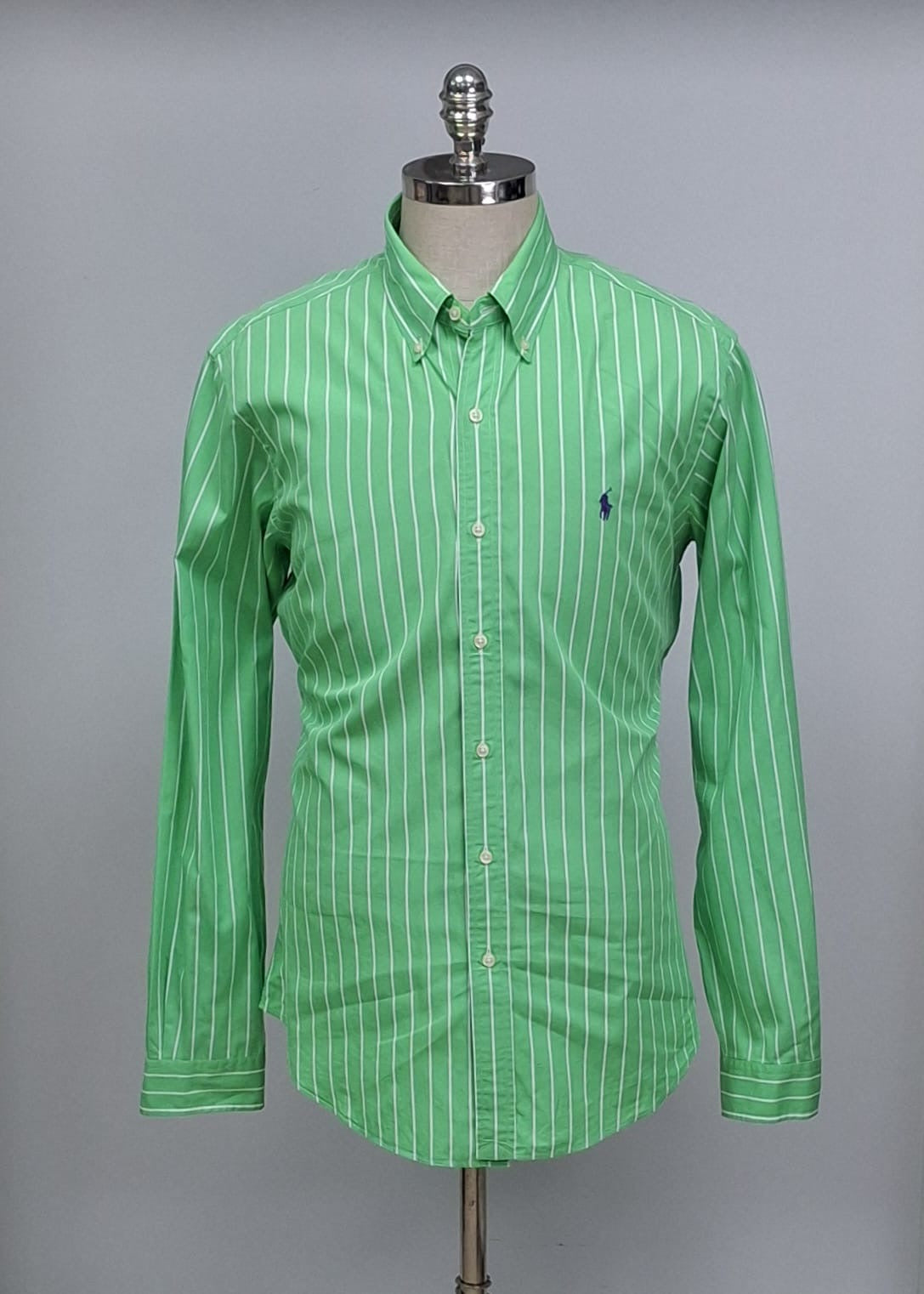 Camisa Polo Ralph Lauren 🏇🏼 color verde con patron de rayas en color Blanco Talla L Entalle Custom Fit