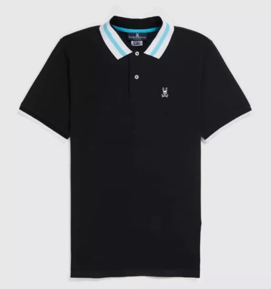 Camiseta Polo Psycho Bunny 🐰  Pique en color negro con diseño de cuello en blanco y celeste Talla L Entalle Regular