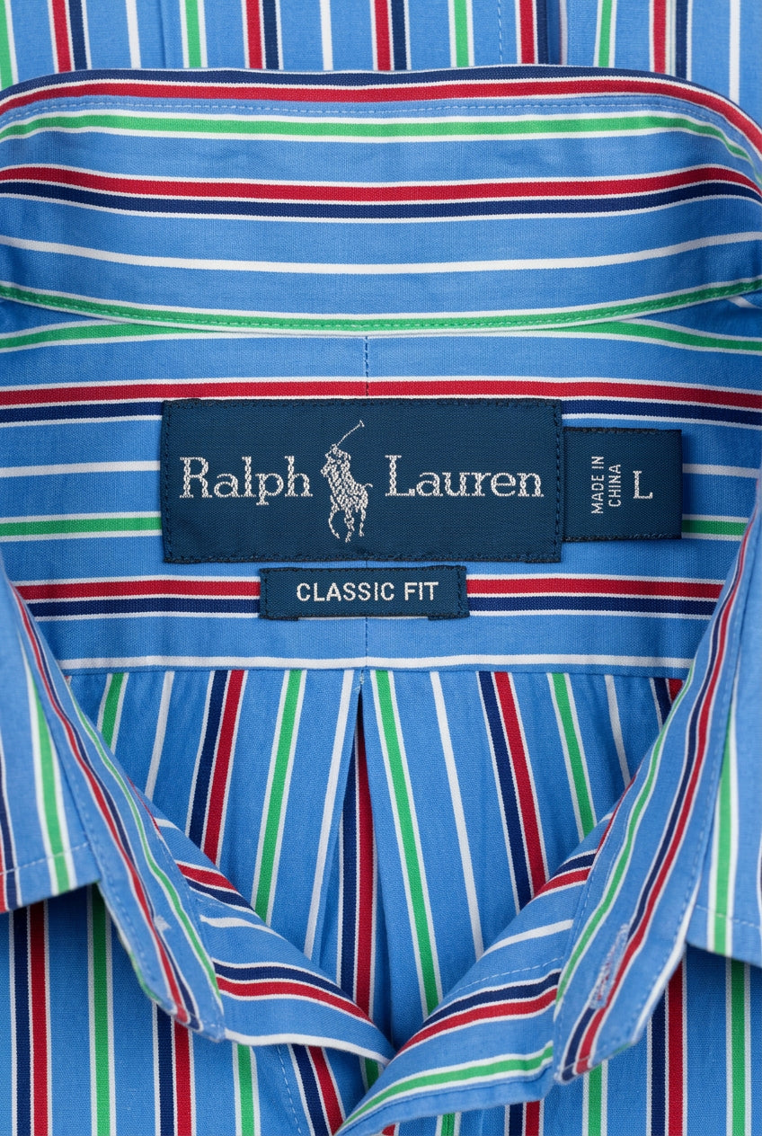 Camisa de botones Polo Ralph Lauren 🏇🏼 color azul de rayas en verde, rojo y blanco Talla L Entalle Clásico