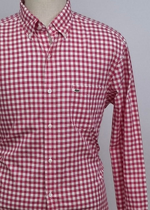 Camisa Lacoste 🐊 con patron de cuadros gingham rosado y blanco Talla L Entalle Regular