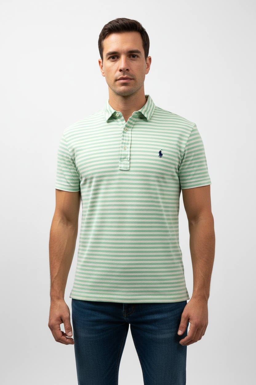 Camiseta Polo Ralph Lauren 🏇🏼 Featherweight Mesh De rayas en color turquesa y blanco Talla L Entalle Regular