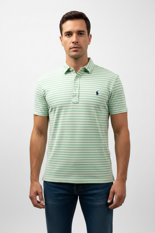 Camiseta Polo Ralph Lauren 🏇🏼 Featherweight Mesh De rayas en color turquesa y blanco Talla L Entalle Regular