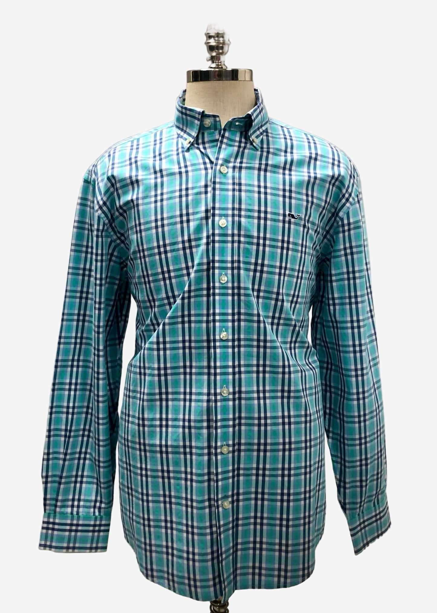 Camisa de botones Vineyard Vines 🐳 color blanco de cuadros tartán en verde y azul navy Talla L Entalle Regular