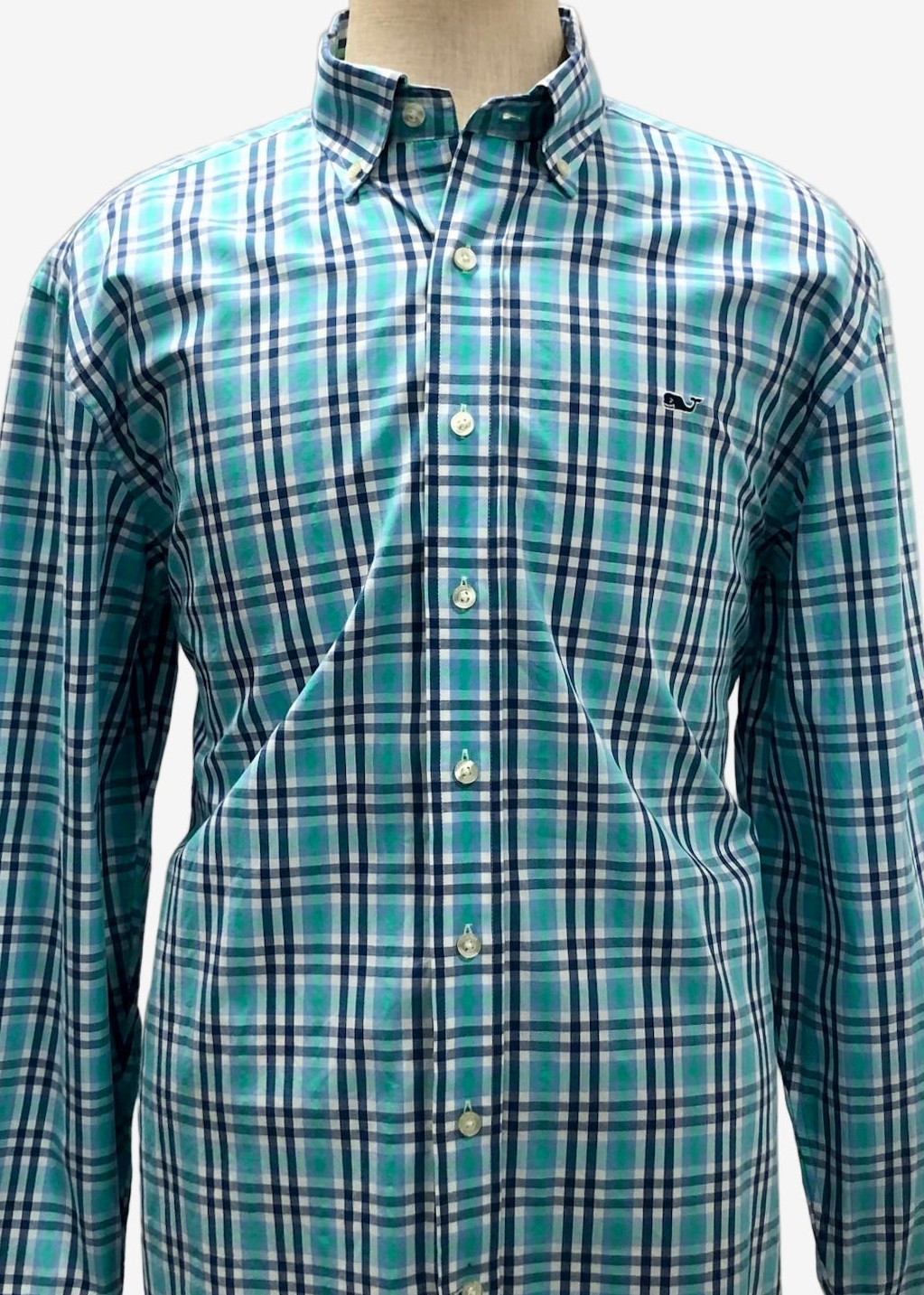 Camisa de botones Vineyard Vines 🐳 color blanco de cuadros tartán en verde y azul navy Talla L Entalle Regular
