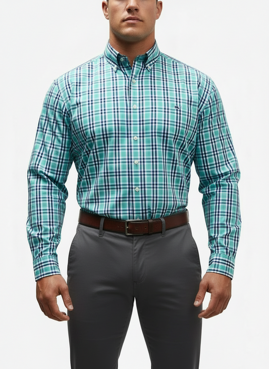 Camisa de botones Vineyard Vines 🐳 color blanco de cuadros tartán en verde y azul navy Talla L Entalle Regular