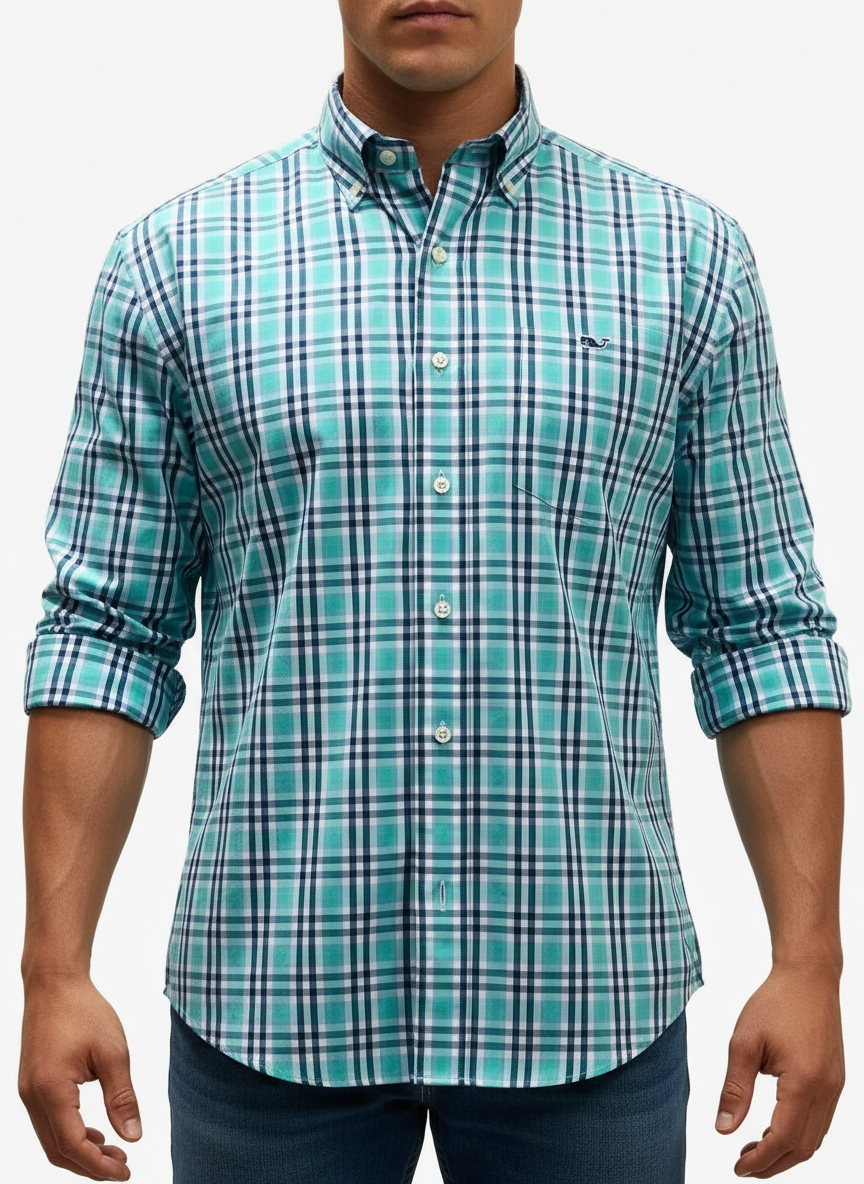 Camisa de botones Vineyard Vines 🐳 color blanco de cuadros tartán en verde y azul navy Talla L Entalle Regular