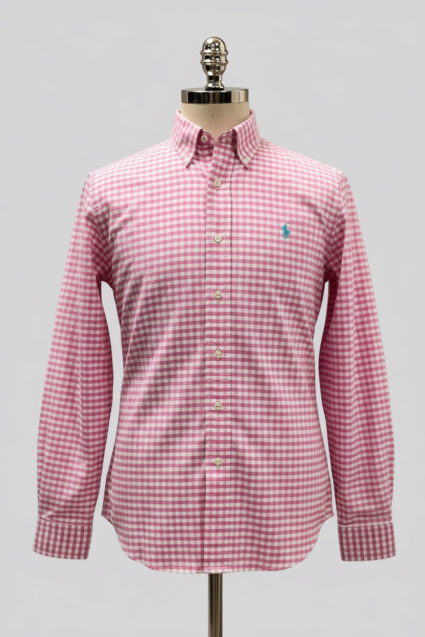 Camisa de botones Polo Ralph Lauren 🏇🏼 Oxford de cuadros gingham rosado y blanco Talla L Entalle Custom Fit
