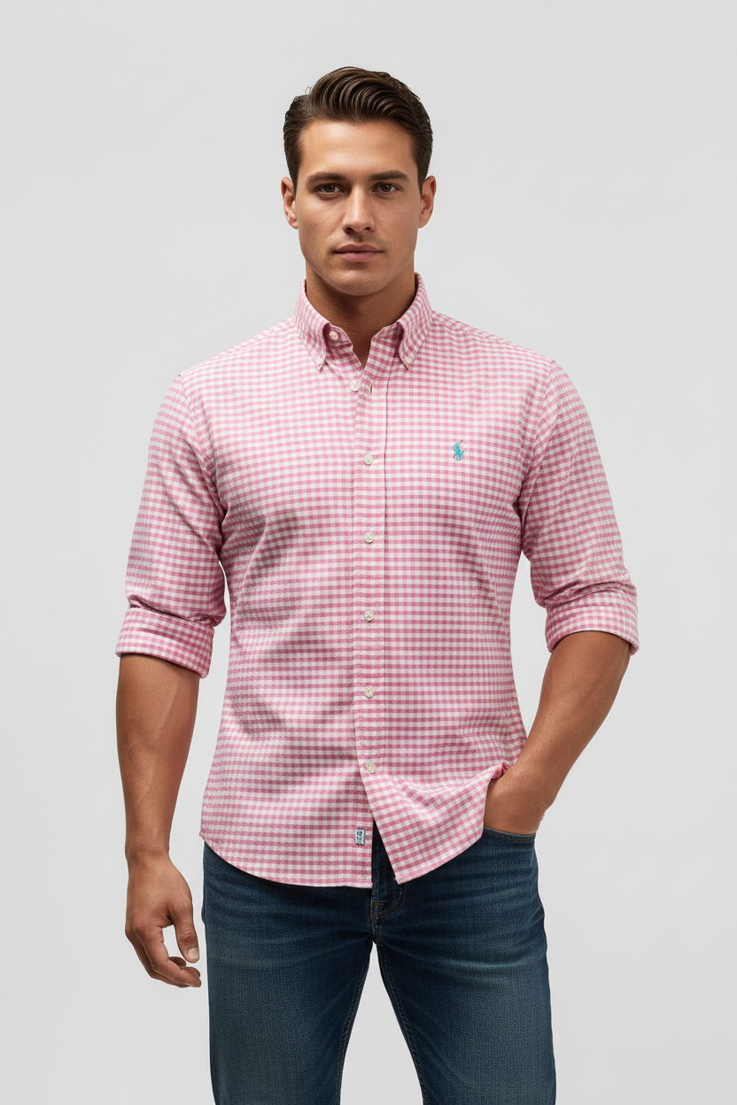 Camisa de botones Polo Ralph Lauren 🏇🏼 Oxford de cuadros gingham rosado y blanco Talla L Entalle Custom Fit
