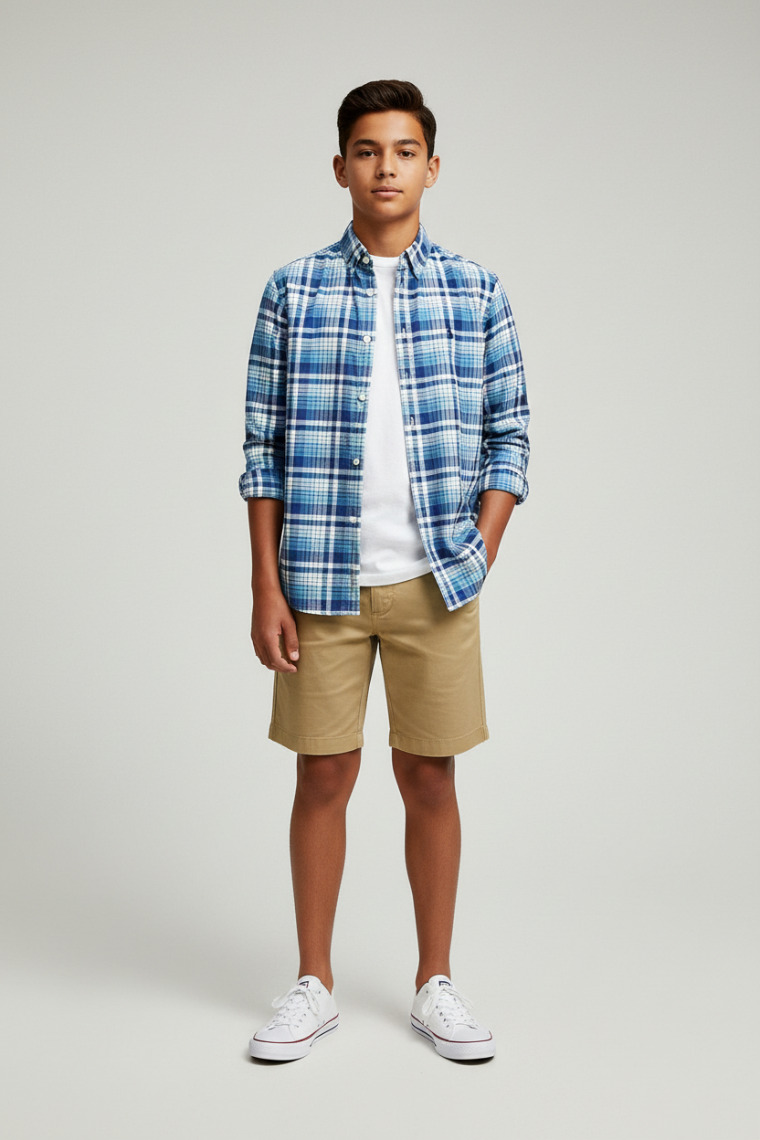 Camisa Polo Ralph Lauren 🏇🏼 con patron de cuadros en azul, celeste y blanco Talla L (14-16) de niño Entalle Regular