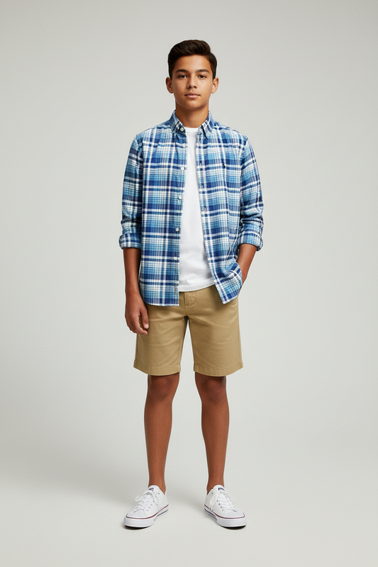 Camisa Polo Ralph Lauren 🏇🏼 con patron de cuadros en azul, celeste y blanco Talla L (14-16) de niño Entalle Regular