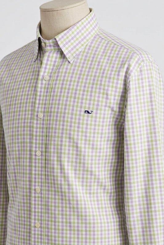 Camisa de botones Vineyard Vines 🐳 colon patrón de cuadros en color verde claro, morado y blanco Talla XL Entalle Regular (ver descripción)