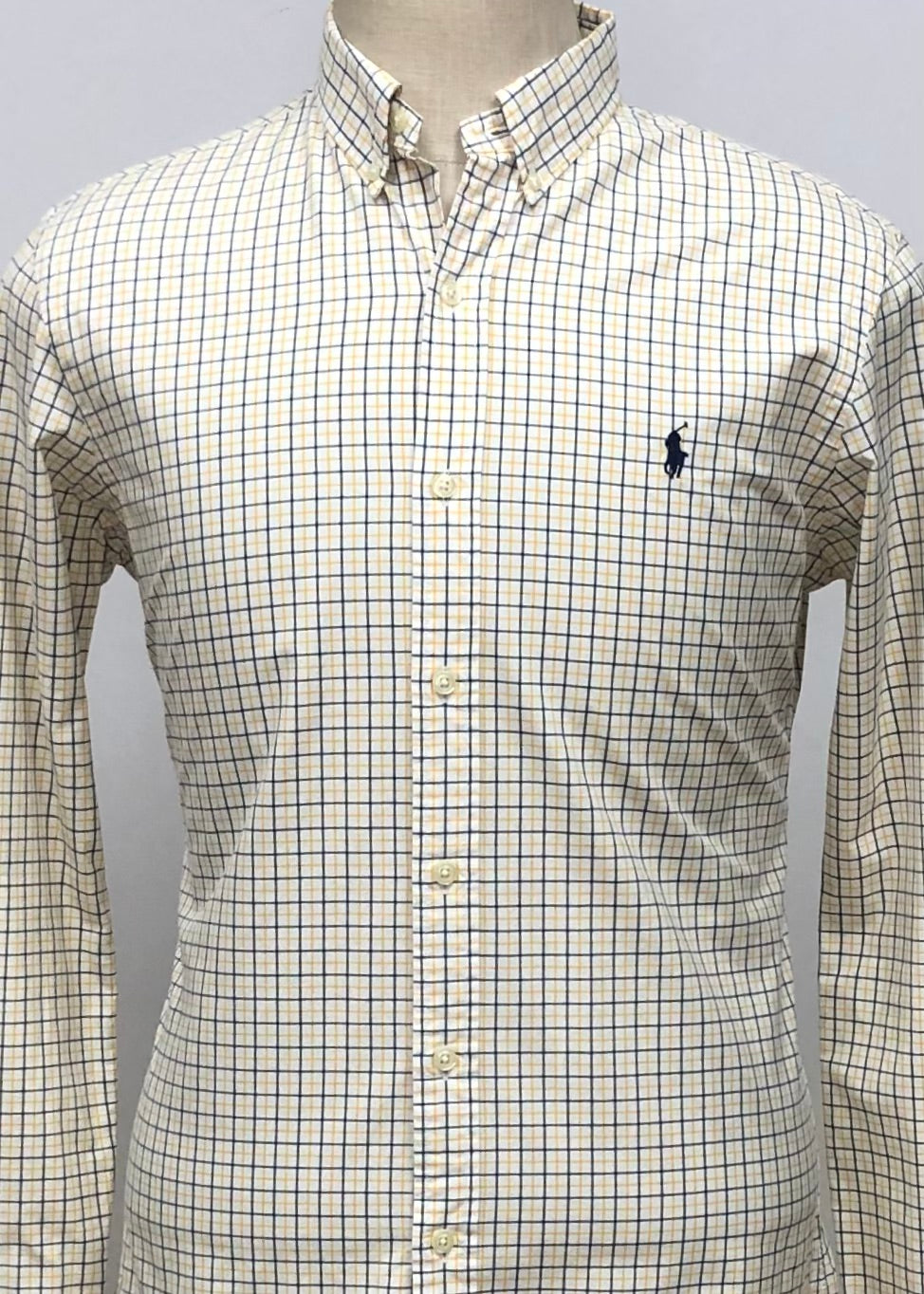 Camisa Polo Ralph Lauren 🏇🏼 color blanco de cuadros en amarillo y azul Talla L Entalle Custom Fit