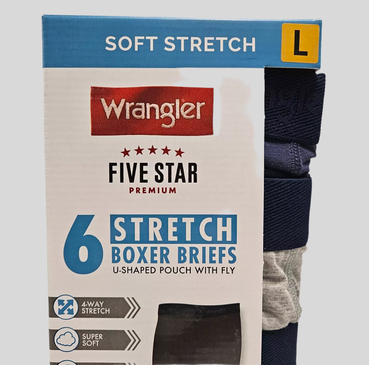 Paquete de 6 Boxers Briefs Wrangler 🇺🇸 Tela soft stretch color Gris, azul y negro Talla M, L y XL