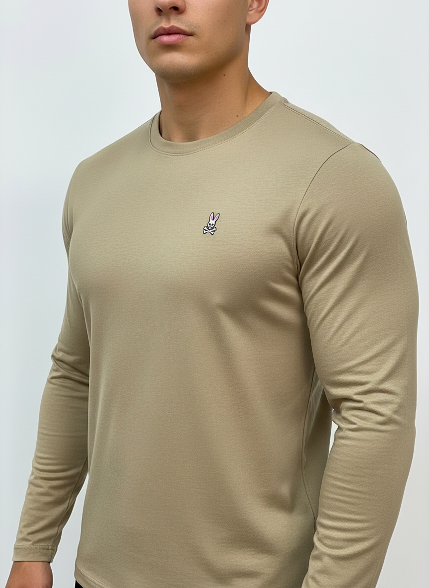 Sueter Jersey con cuello Redondo Psycho Bunny 🐰 color kaki Talla M Entalle Regular