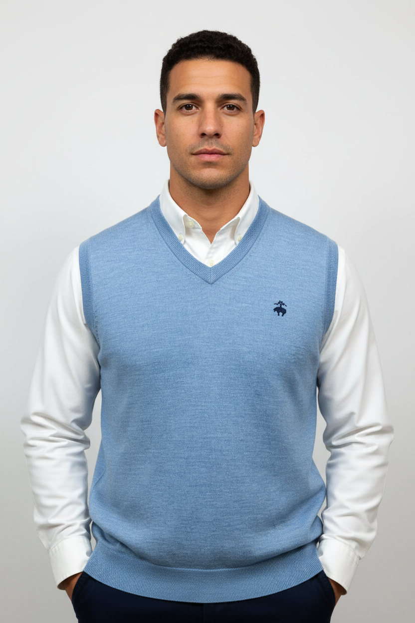 Sueter Jersey cuello V Brooks Brothers 🐑 color celeste Talla L (ver descripción)