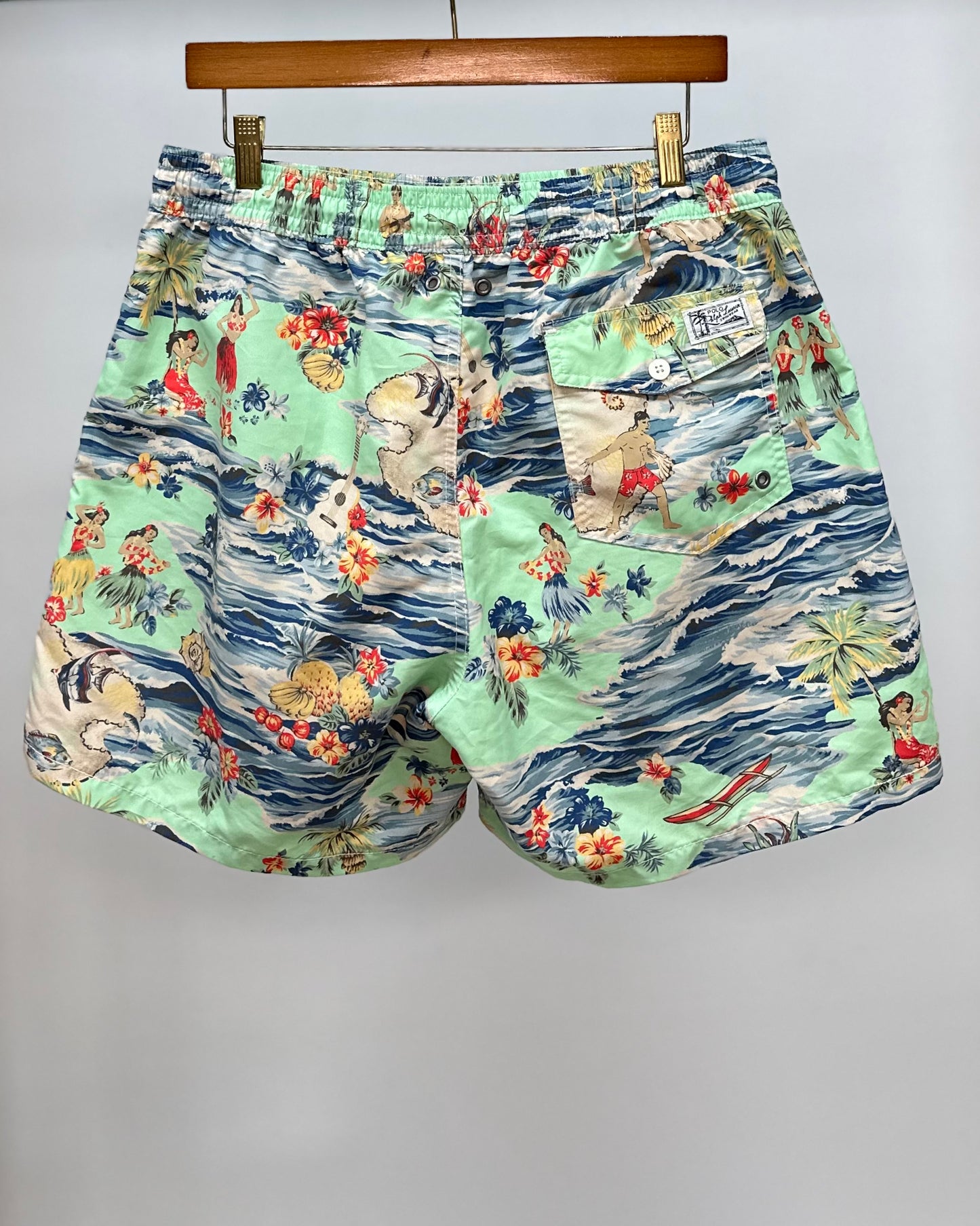 Short de baño Polo Ralph Lauren 🏇🏼color verde claro con diseño hawaiano talla L