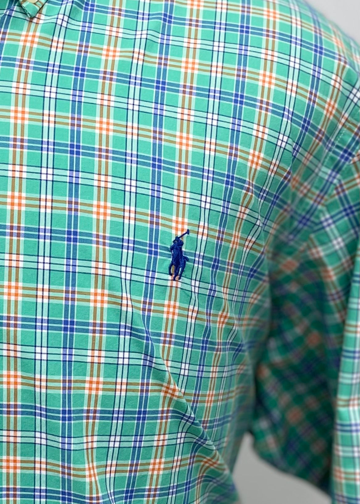 Camisa Polo Ralph Lauren 🏇🏼 color verde con cuadros naranja y azul Talla XXL Entalle Regular