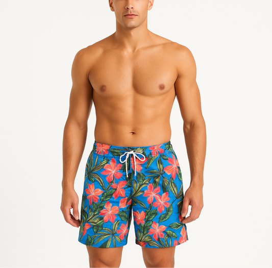 Short de baño Tommy Bahama 🏝 color azul con diseño floral en rojo talla M