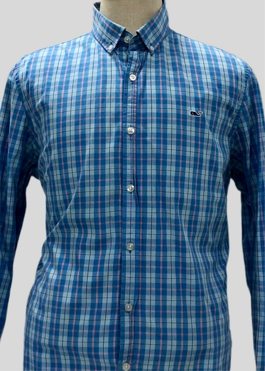 Camisa de botones Vineyard Vines 🐳 color celeste de cuadros en color azul y rosado Talla L Entalle Slim Fit