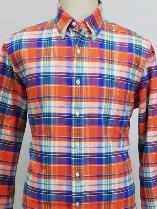 Camisa Polo Ralph Lauren 🏇🏼 Oxford con patrón de cuadros naranja, azul y blanco Talla L Entalle Clásico