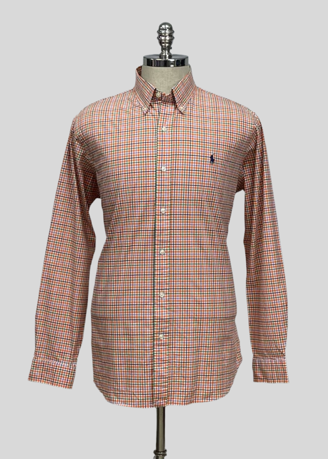 Camisa Polo Ralph Lauren 🏇🏼 color blanco con patrón de cuadros naranja, verde y azul Talla L Entalle Clásico