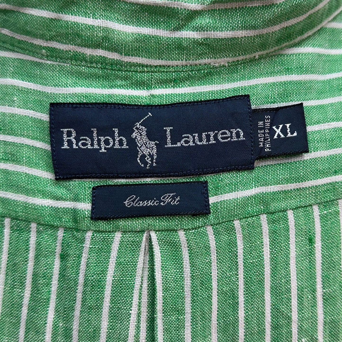 Camisa Polo Ralph Lauren 🏇🏼 de Lino con patron de rayas en color verde y blanco Talla XL Entalle Clásico