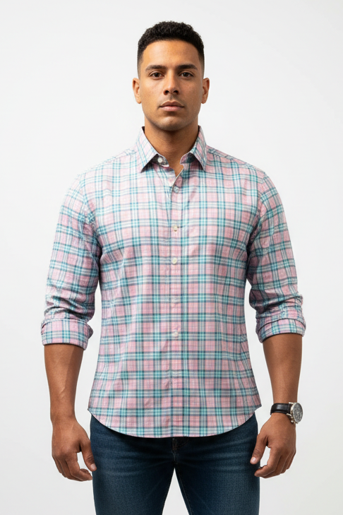 Camisa de botones Vineyard Vines 🐳 Performance de cuadros en color rosado y celeste Talla S Entalle Slim Fit