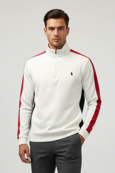 Sueter Jersey Polo Ralph Lauren 🏇🏼 color blanco con lineas en rojo Talla M