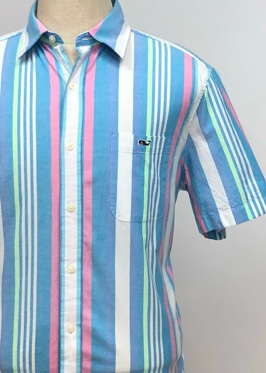 Camisa de botones Vineyard Vines 🐳 con patrón de rayas en color celeste, blanco y rosado Talla L Entalle Regular